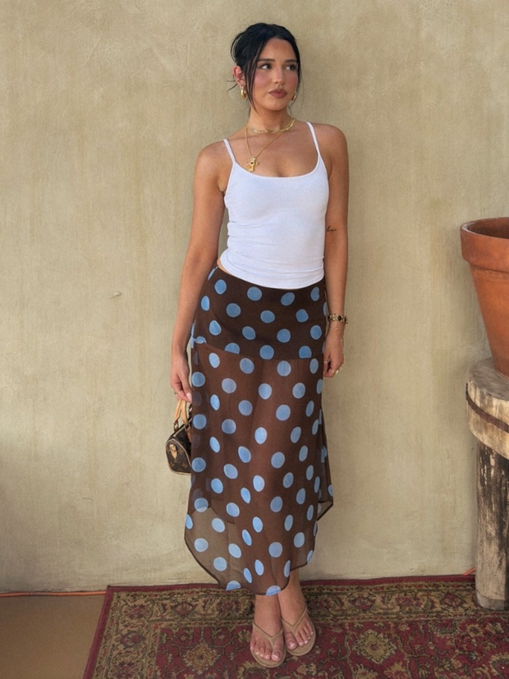 Zara Polka Dot Asymmetric Semi Sheer Skirt Brown Blue New Brand New